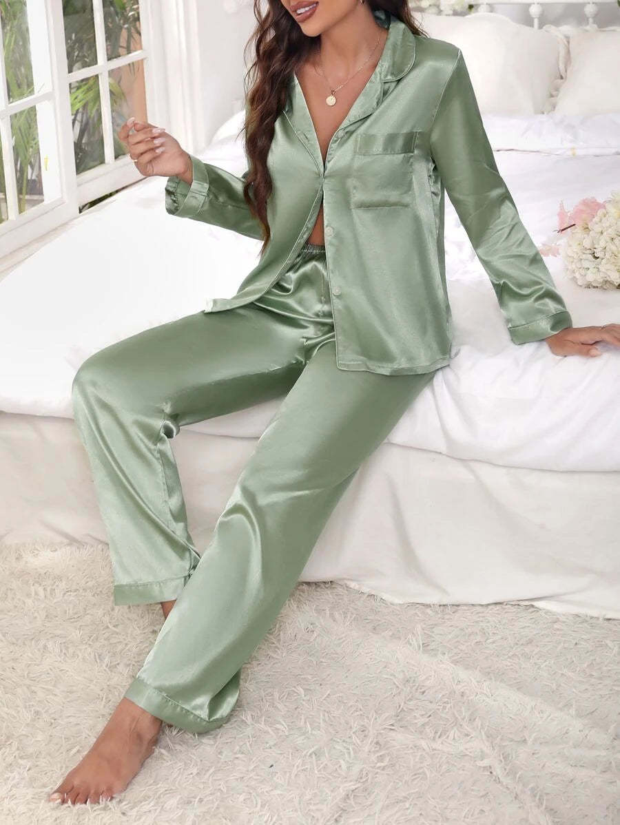 Solid Contrast Colored Satin Pajama Set-Original Pajamas