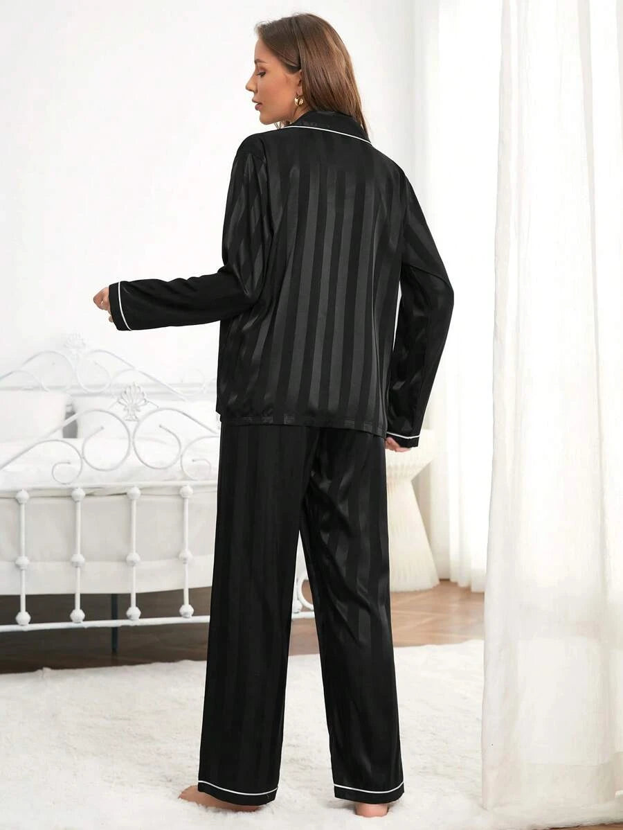 Contrast Stripe Printed Satin Pajama Set-Original Pajamas