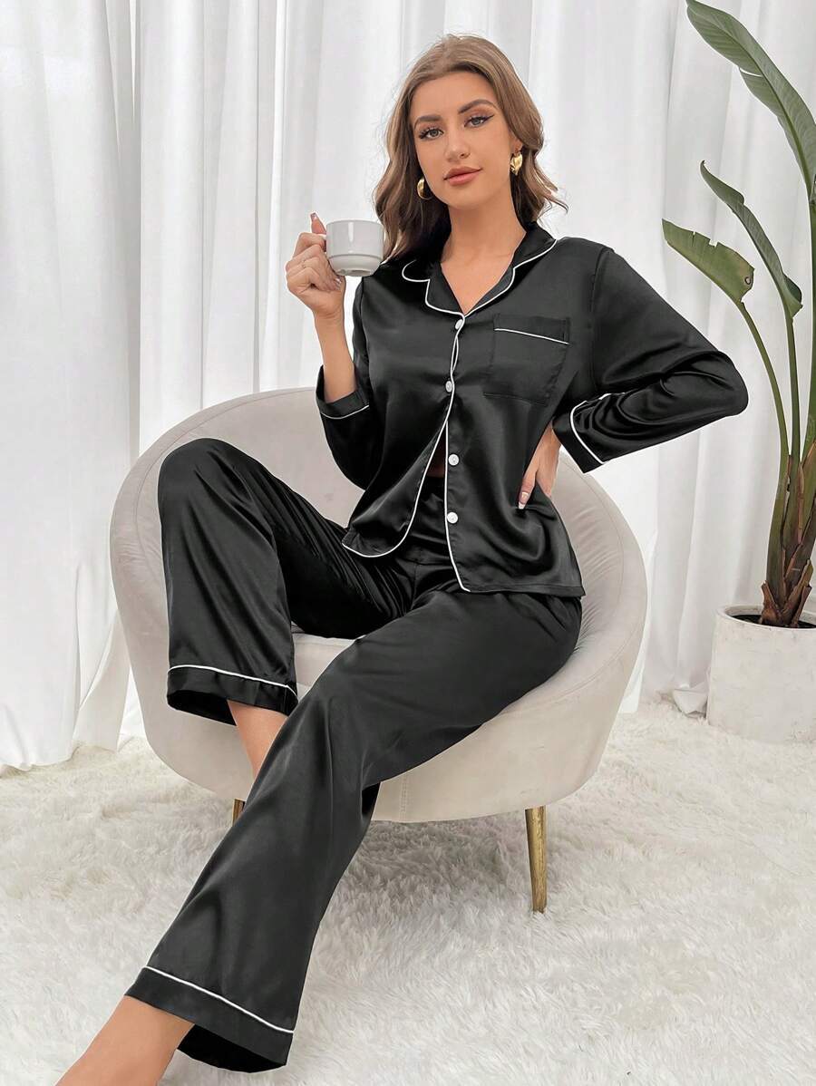 Solid Contrast Colored Satin Pajama Set-Original Pajamas