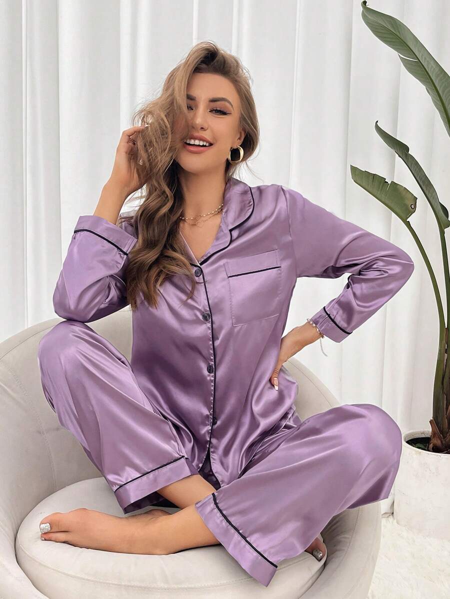 Solid Contrast Colored Satin Pajama Set-Original Pajamas