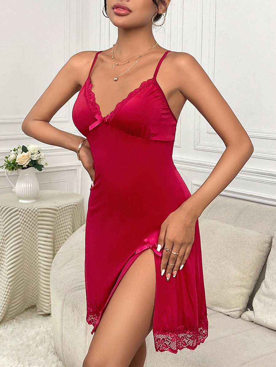 Lace Trim Bow Front Split Hem Cami Sleepwear Dress-Original Pajamas