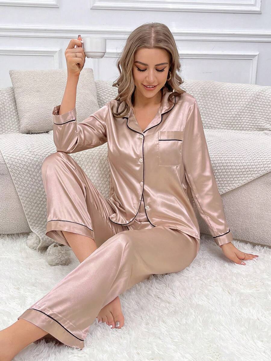 Solid Contrast Colored Satin Pajama Set-Original Pajamas