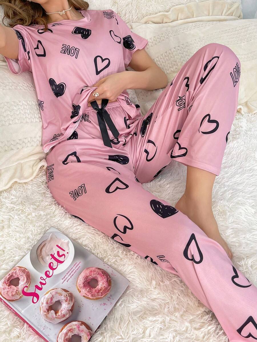 Cordate And Text Printed Pajama Set-Original Pajamas