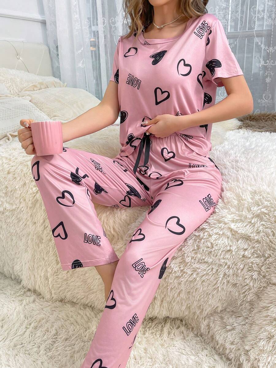 Cordate And Text Printed Pajama Set-Original Pajamas