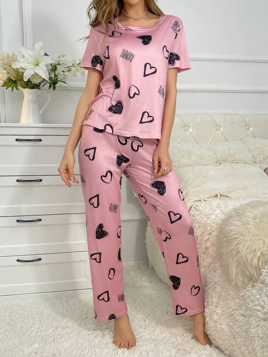 Cordate And Text Printed Pajama Set-Original Pajamas