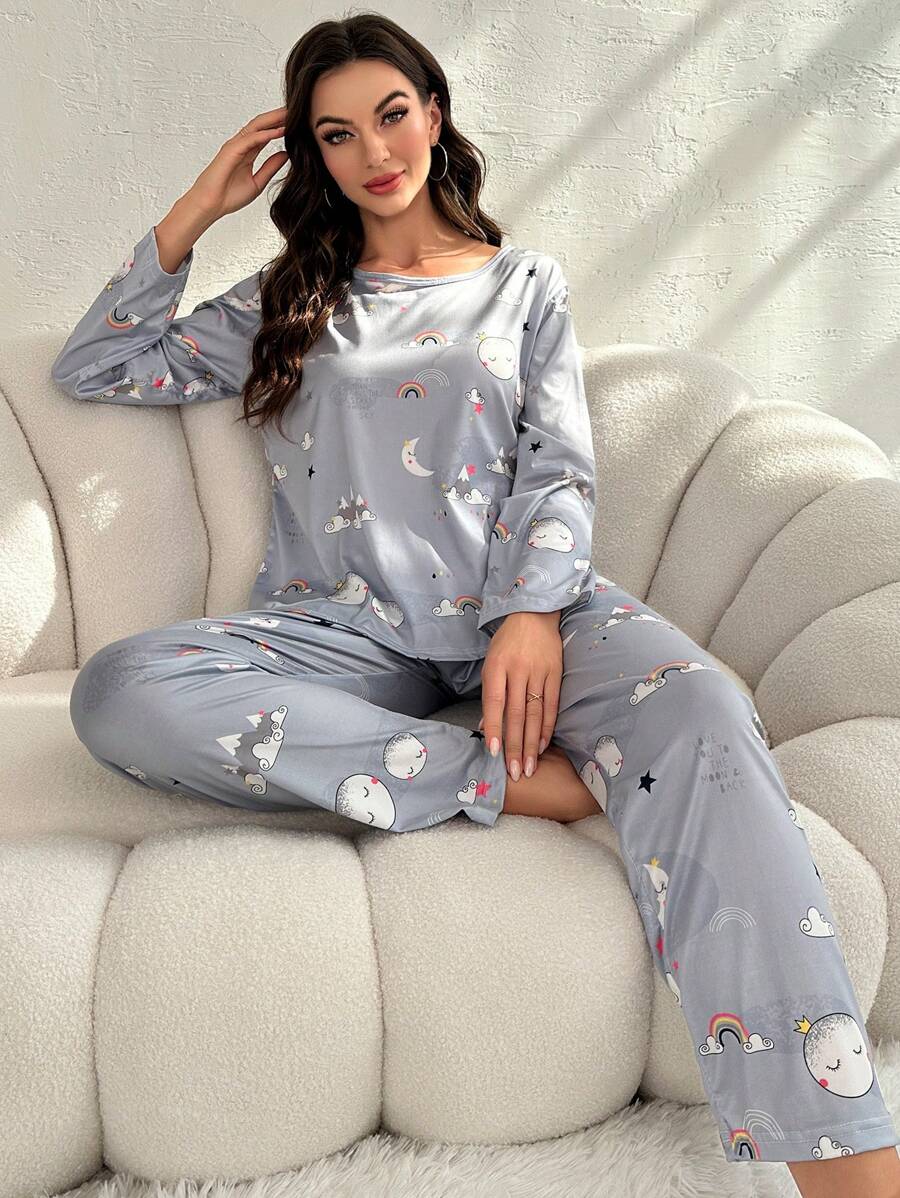 Moon And Rainbow Graphic Pajamas Set-Original Pajamas