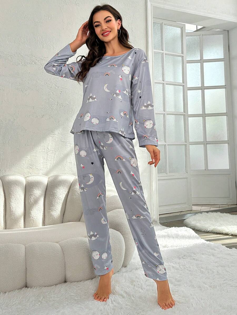 Moon And Rainbow Graphic Pajamas Set-Original Pajamas