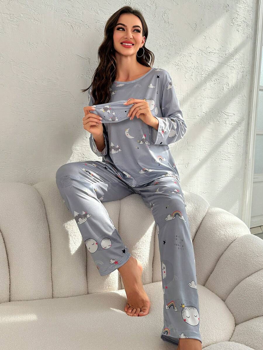 Moon And Rainbow Graphic Pajamas Set-Original Pajamas