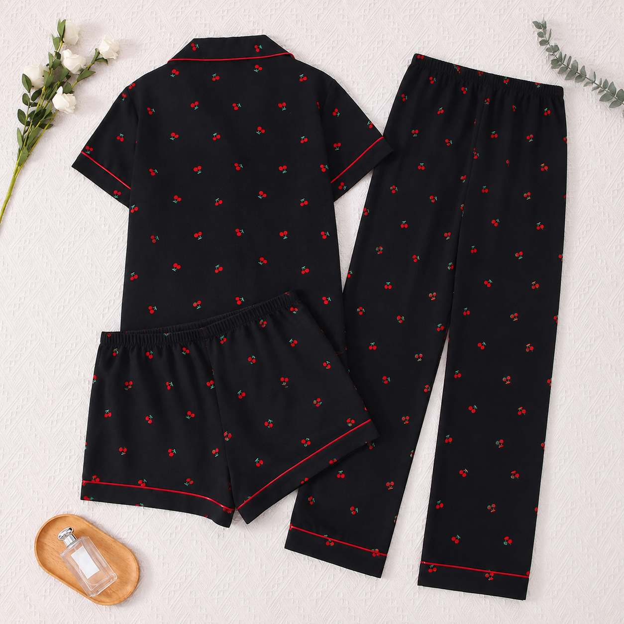 Casual Sleepwear 3 Piece Front Top Pajama Set With Button For Women
