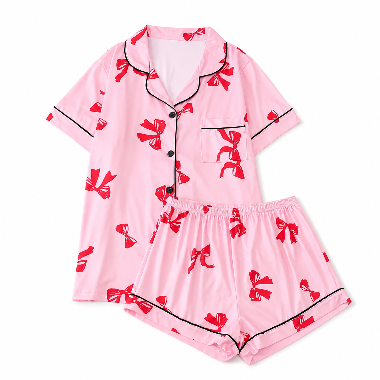 Two Piece Printed Pocket Shirt And Elastic Waist Shorts Set For Women