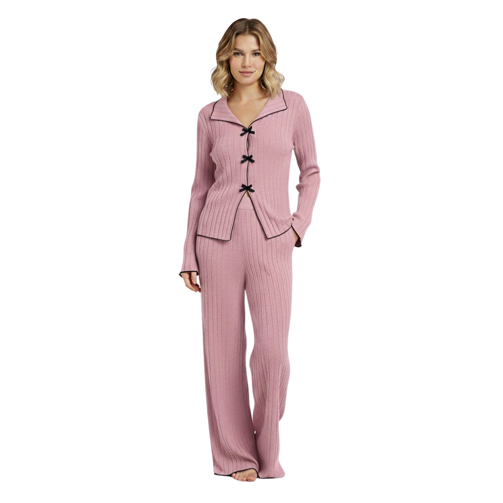 Ribbed Knit Pajama Set With Lapel Collar And Bows For Women