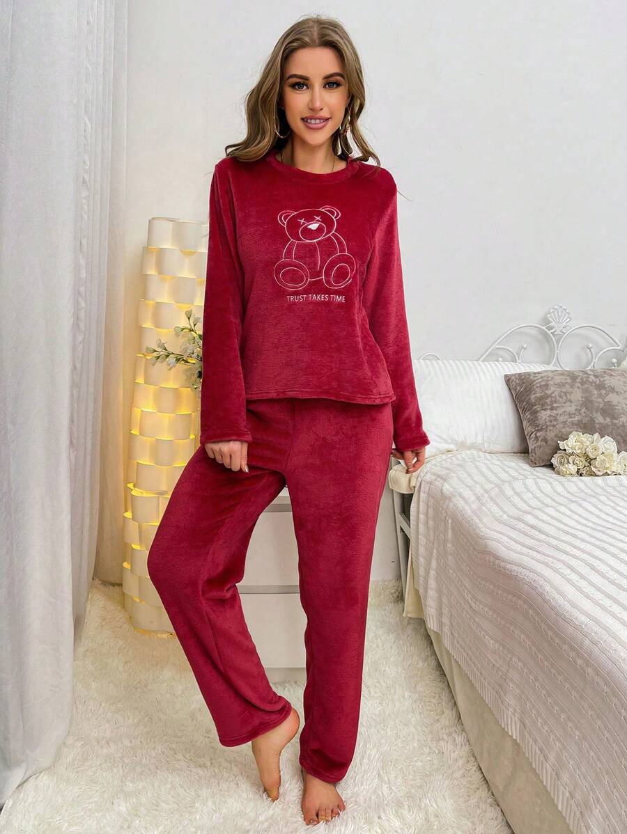 Bear Embroidered Flannel Long Sleeve Top And Pant Set-Original Pajamas