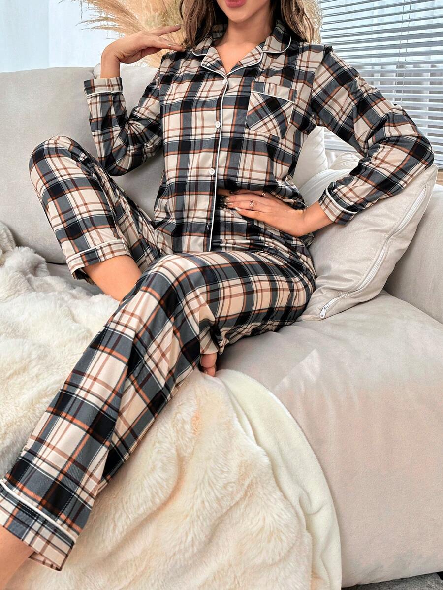 Contrast Plaid Print Pajama Set-Original Pajamas