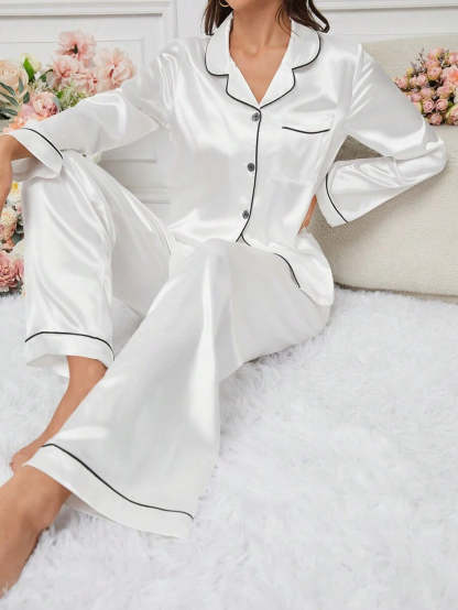 Solid Contrast Colored Satin Pajama Set-Original Pajamas