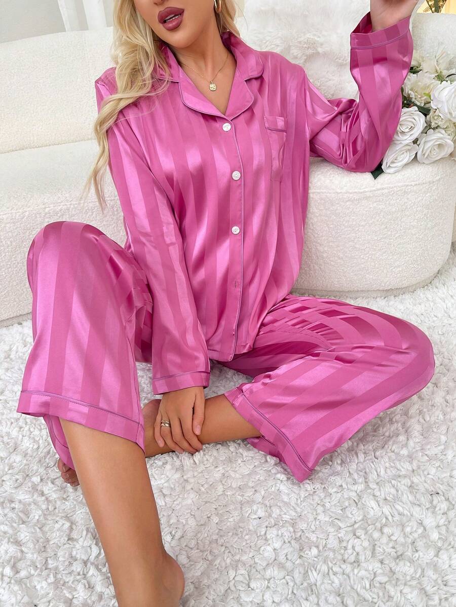 Contrast Stripe Printed Satin Pajama Set-Original Pajamas