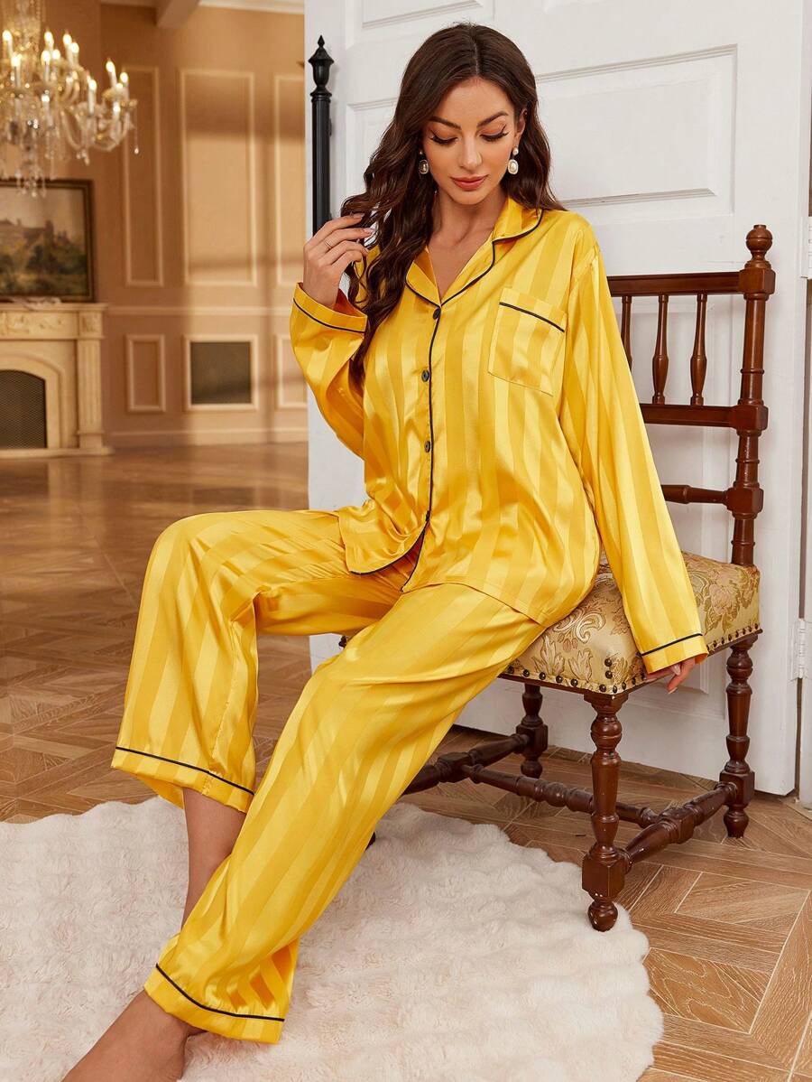 Contrast Stripe Printed Satin Pajama Set-Original Pajamas