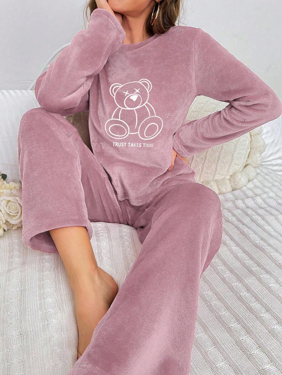 Bear Embroidered Flannel Long Sleeve Top And Pant Set-Original Pajamas