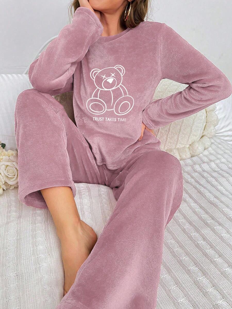 Bear Embroidered Flannel Long Sleeve Top And Pant Set-Original Pajamas