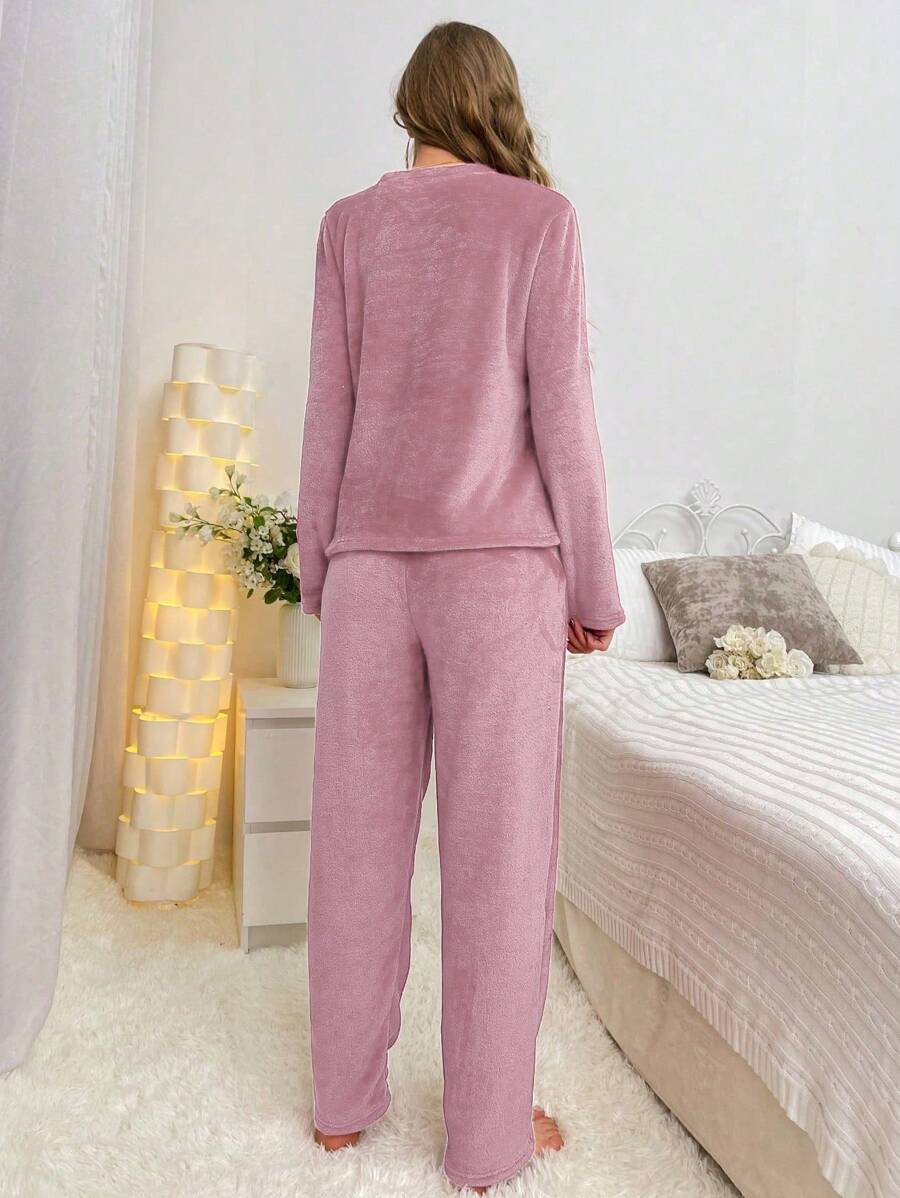 Bear Embroidered Flannel Long Sleeve Top And Pant Set-Original Pajamas