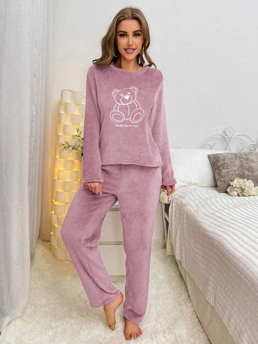 Bear Embroidered Flannel Long Sleeve Top And Pant Set-Original Pajamas