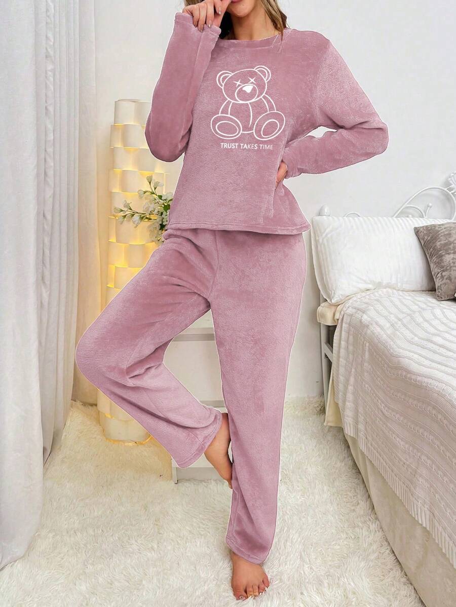 Bear Embroidered Flannel Long Sleeve Top And Pant Set-Original Pajamas