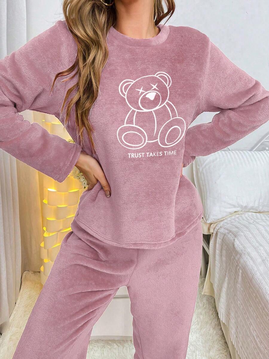 Bear Embroidered Flannel Long Sleeve Top And Pant Set-Original PajamasBear Embroidered Flannel Long Sleeve Top And Pant Set - Image 9