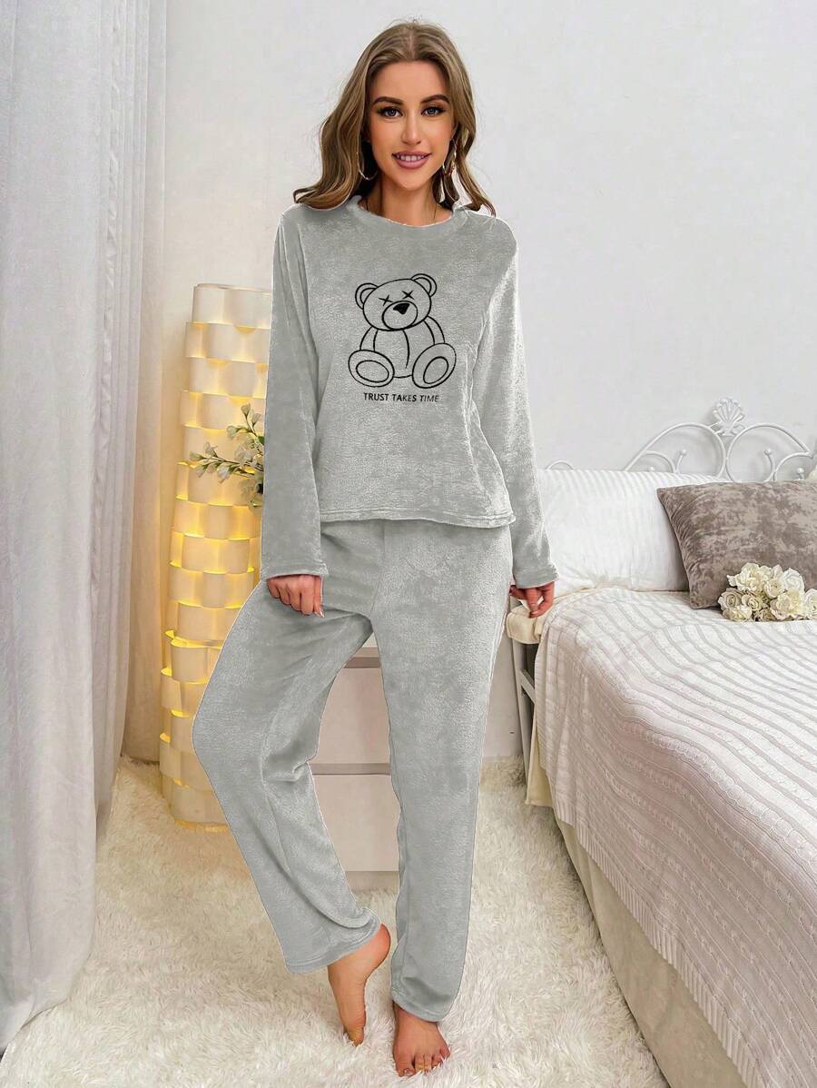 Bear Embroidered Flannel Long Sleeve Top And Pant Set-Original Pajamas
