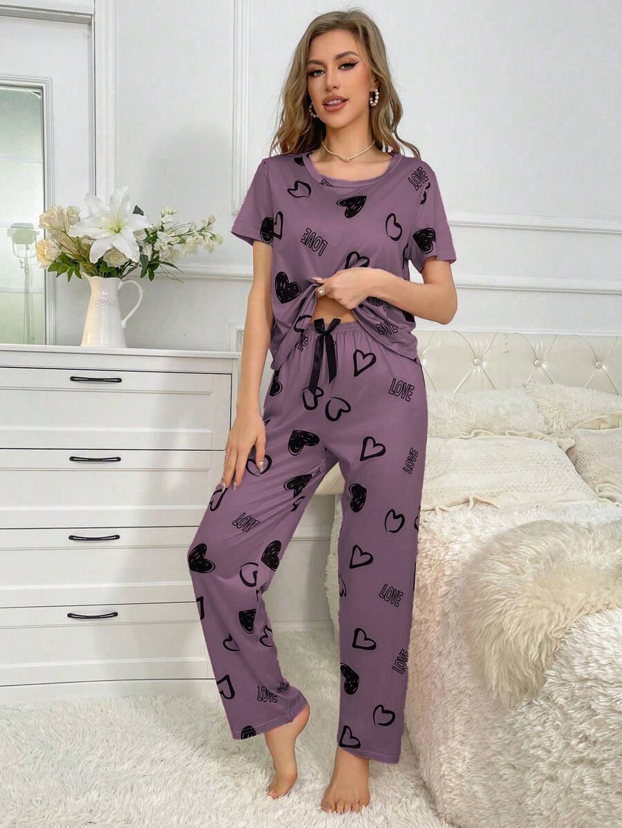 Cordate And Text Printed Pajama Set-Original Pajamas