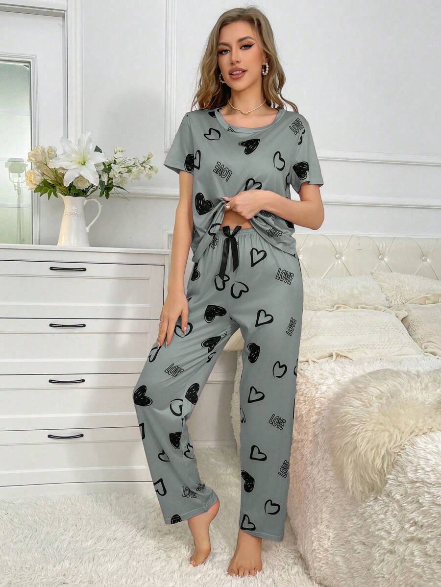 Cordate And Text Printed Pajama Set-Original Pajamas