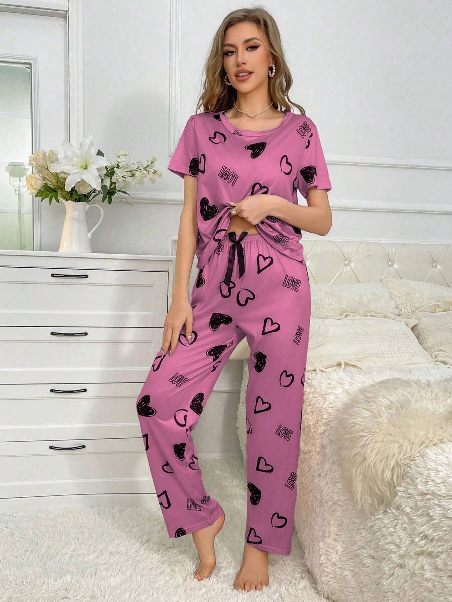 Cordate And Text Printed Pajama Set-Original Pajamas