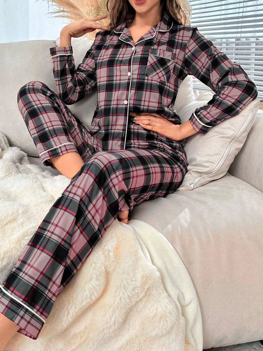 Contrast Plaid Print Pajama Set-Original Pajamas