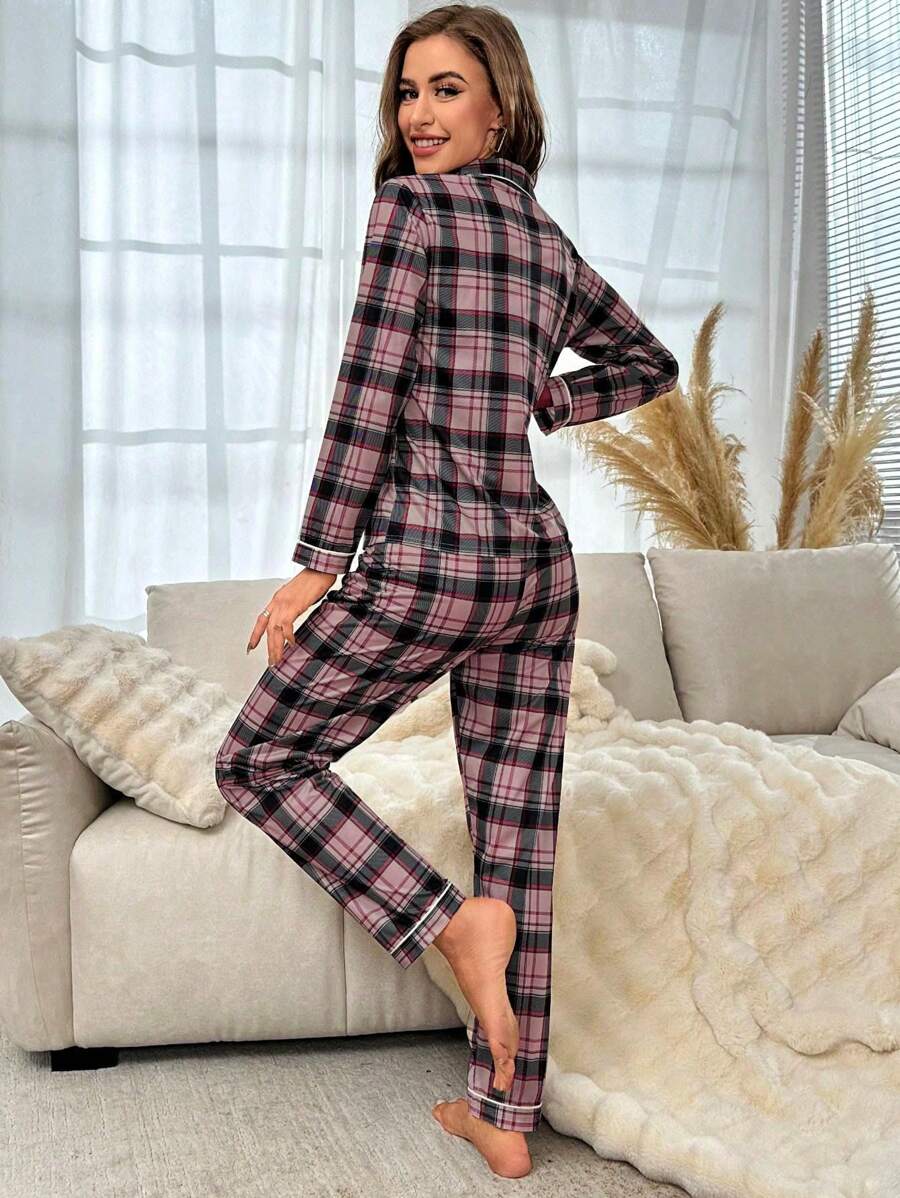 Contrast Plaid Print Pajama Set-Original Pajamas