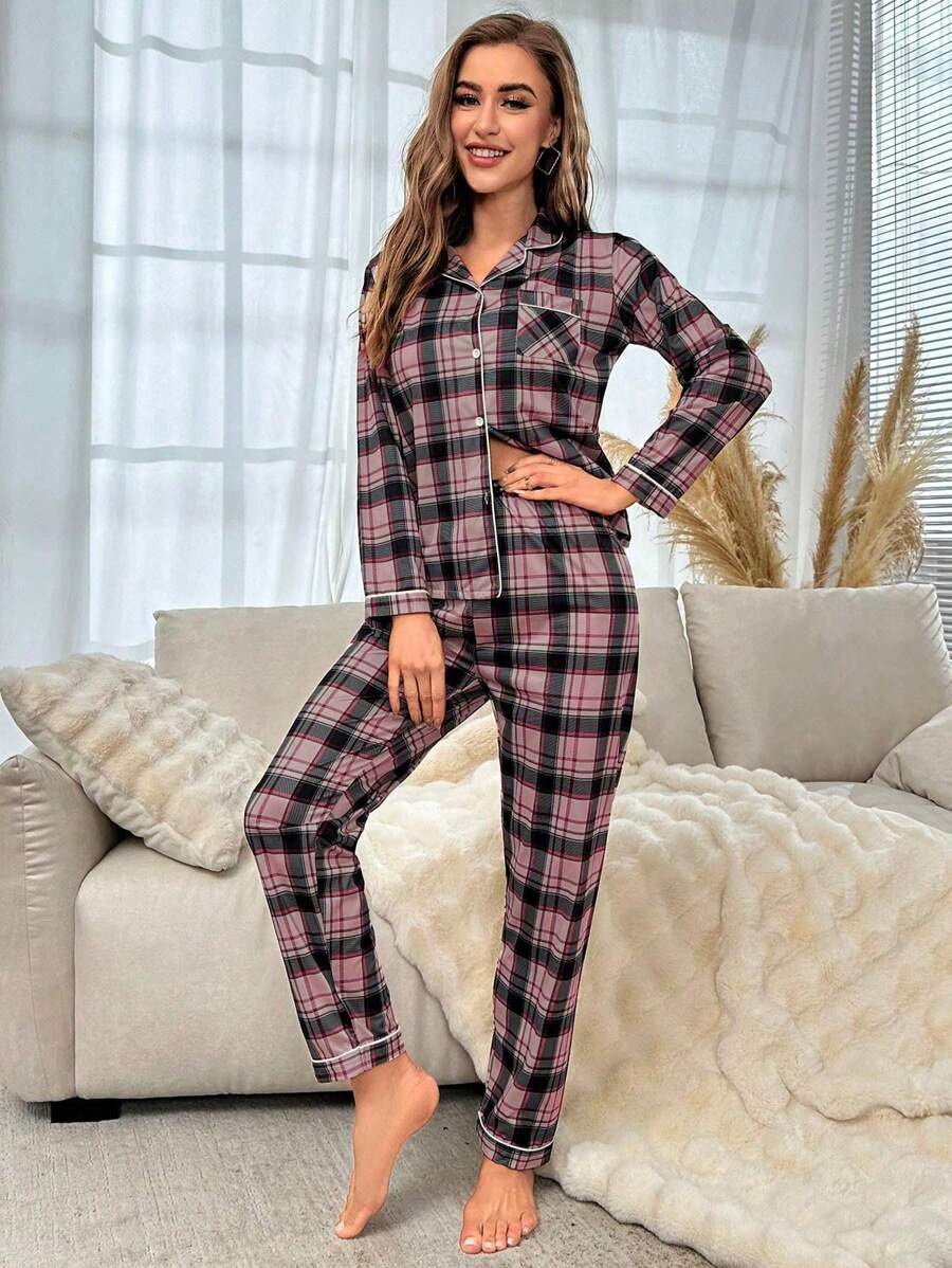 Contrast Plaid Print Pajama Set-Original Pajamas