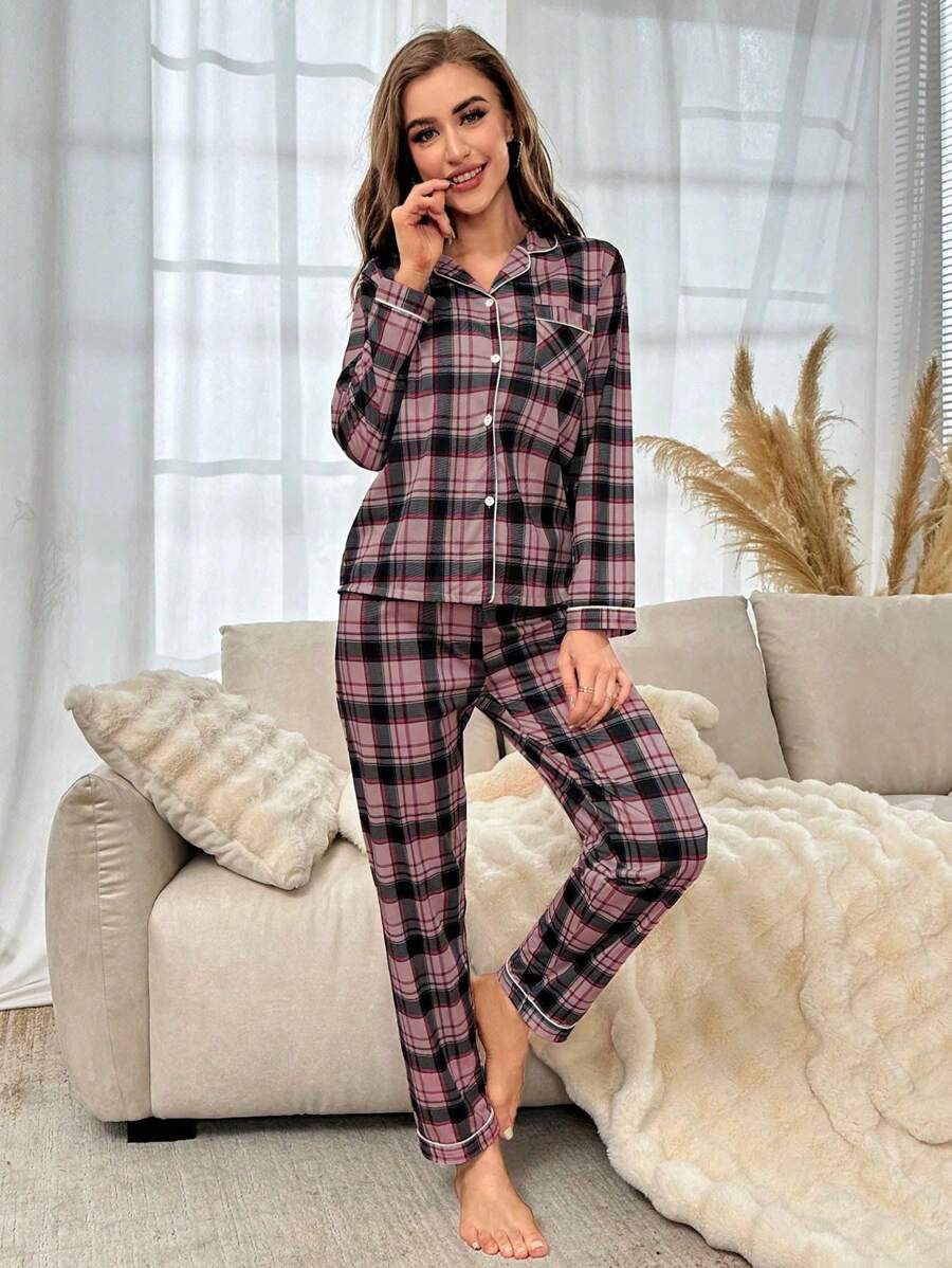 Contrast Plaid Print Pajama Set-Original Pajamas