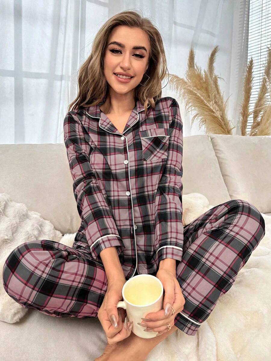 Contrast Plaid Print Pajama Set-Original Pajamas