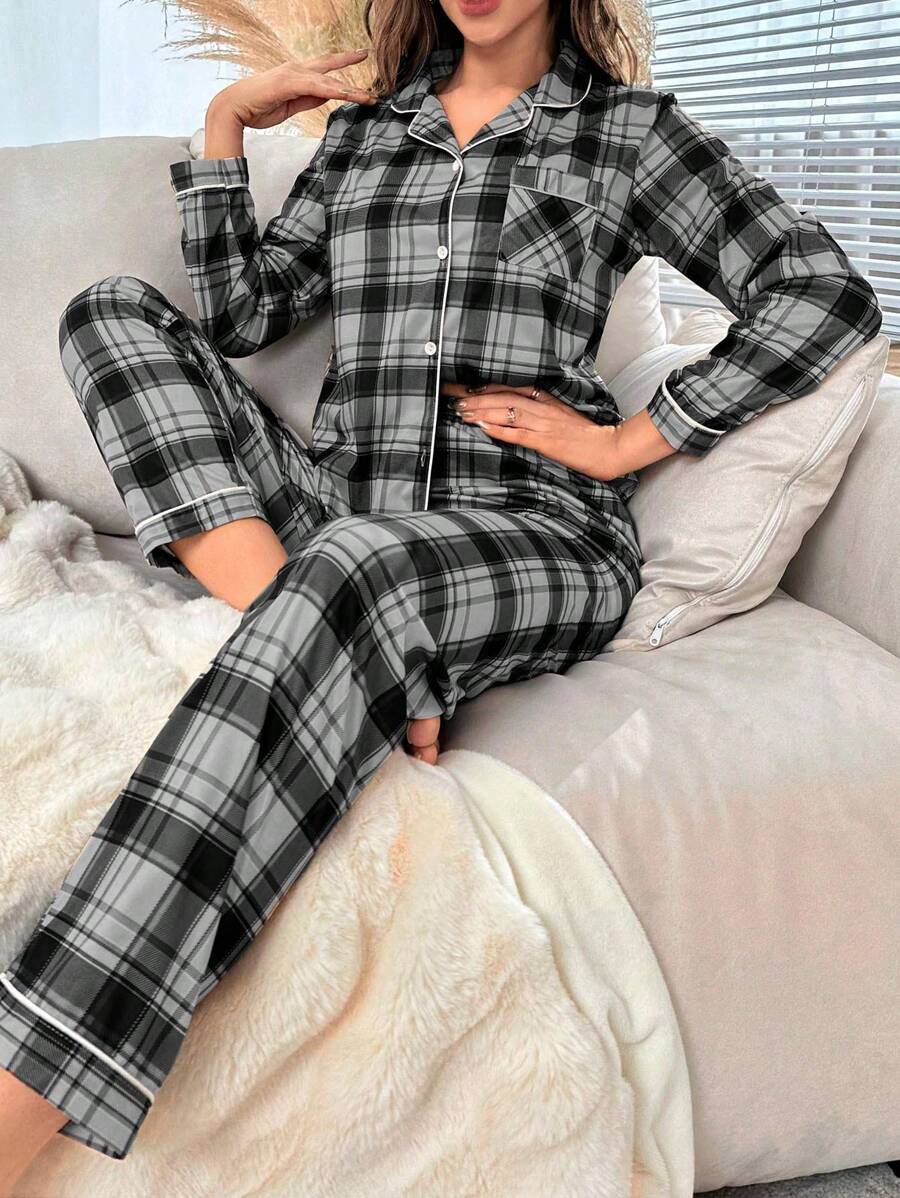 Contrast Plaid Print Pajama Set-Original Pajamas