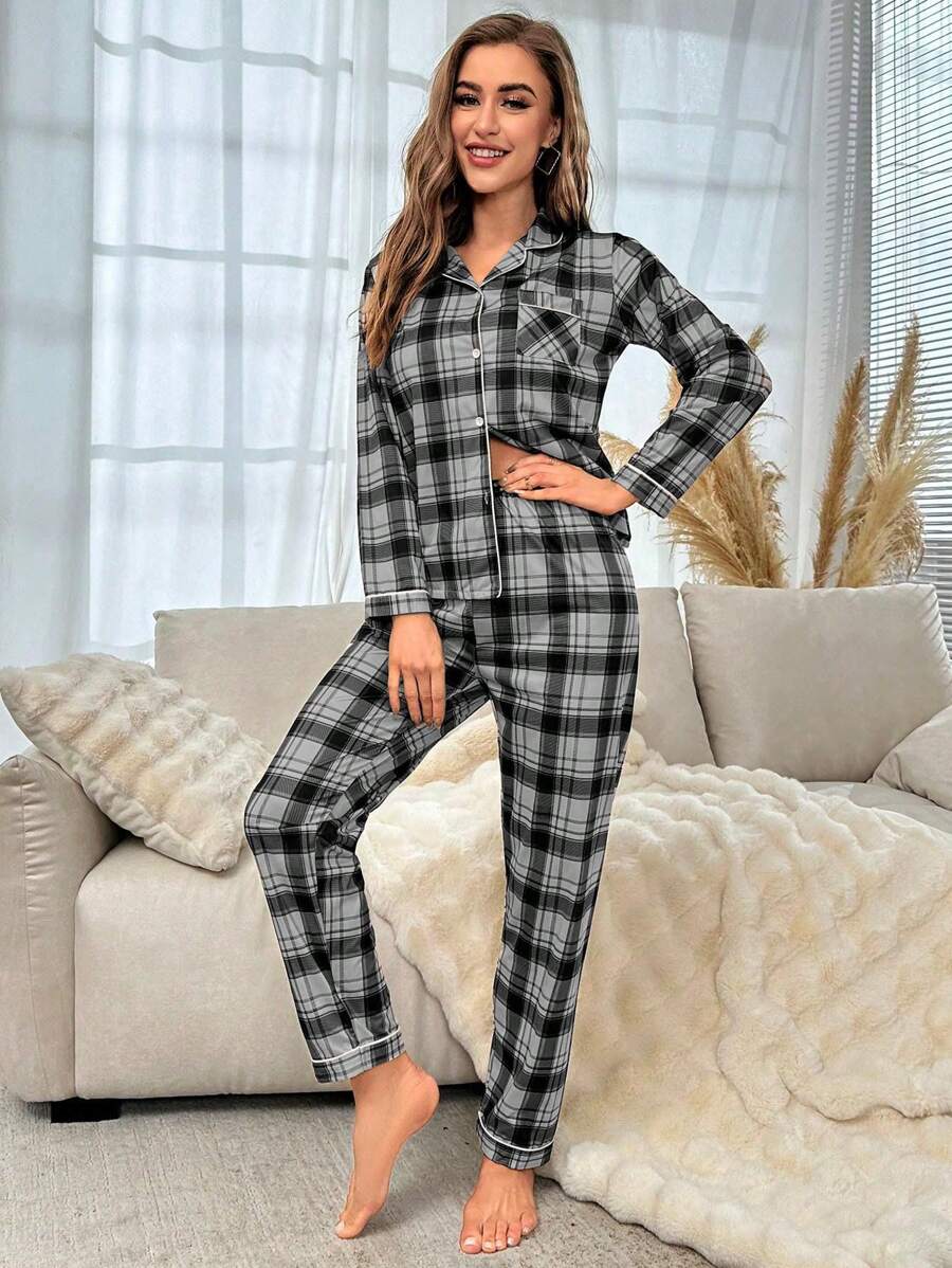 Contrast Plaid Print Pajama Set-Original Pajamas