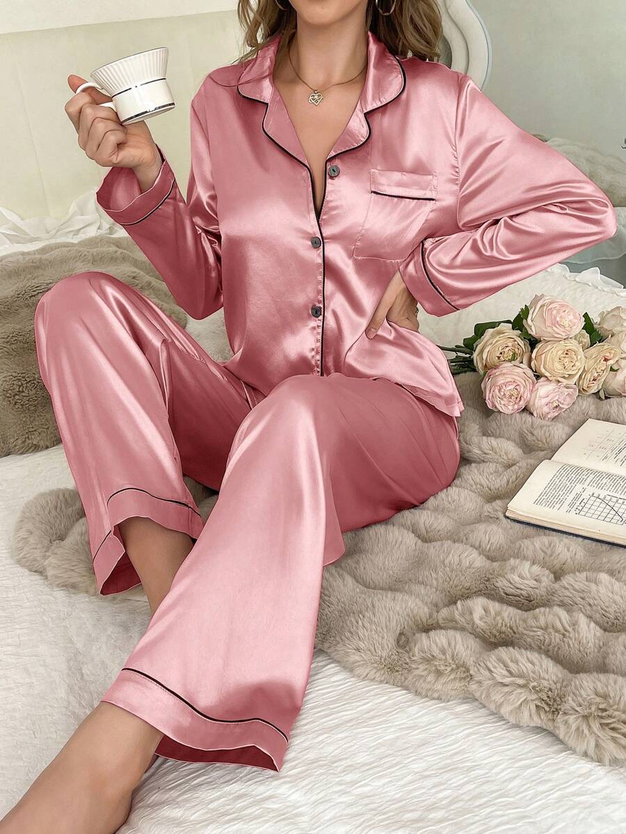 Solid Contrast Colored Satin Pajama Set-Original Pajamas
