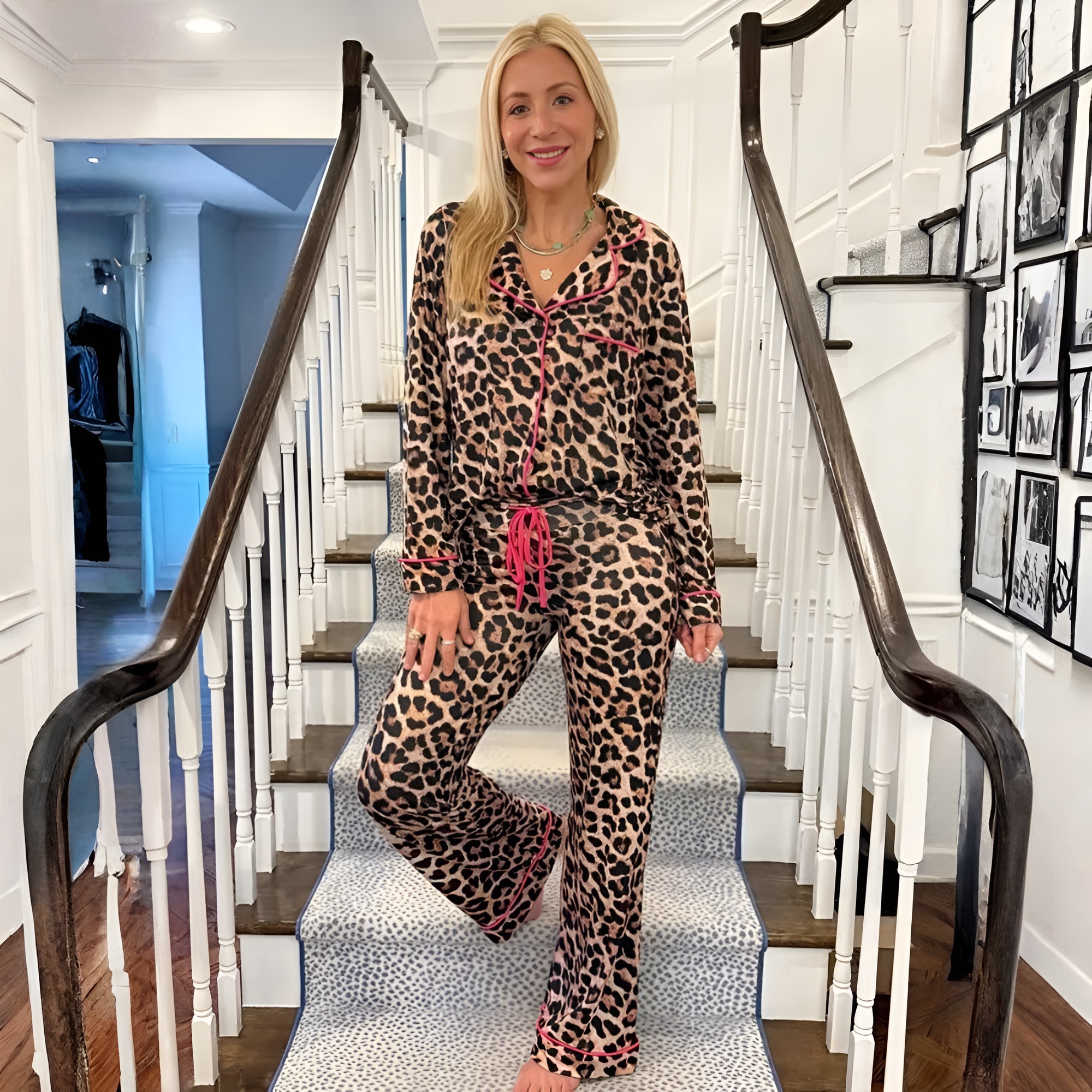 Leopard With Pink Trim Wide Leg Pants Pajama Set