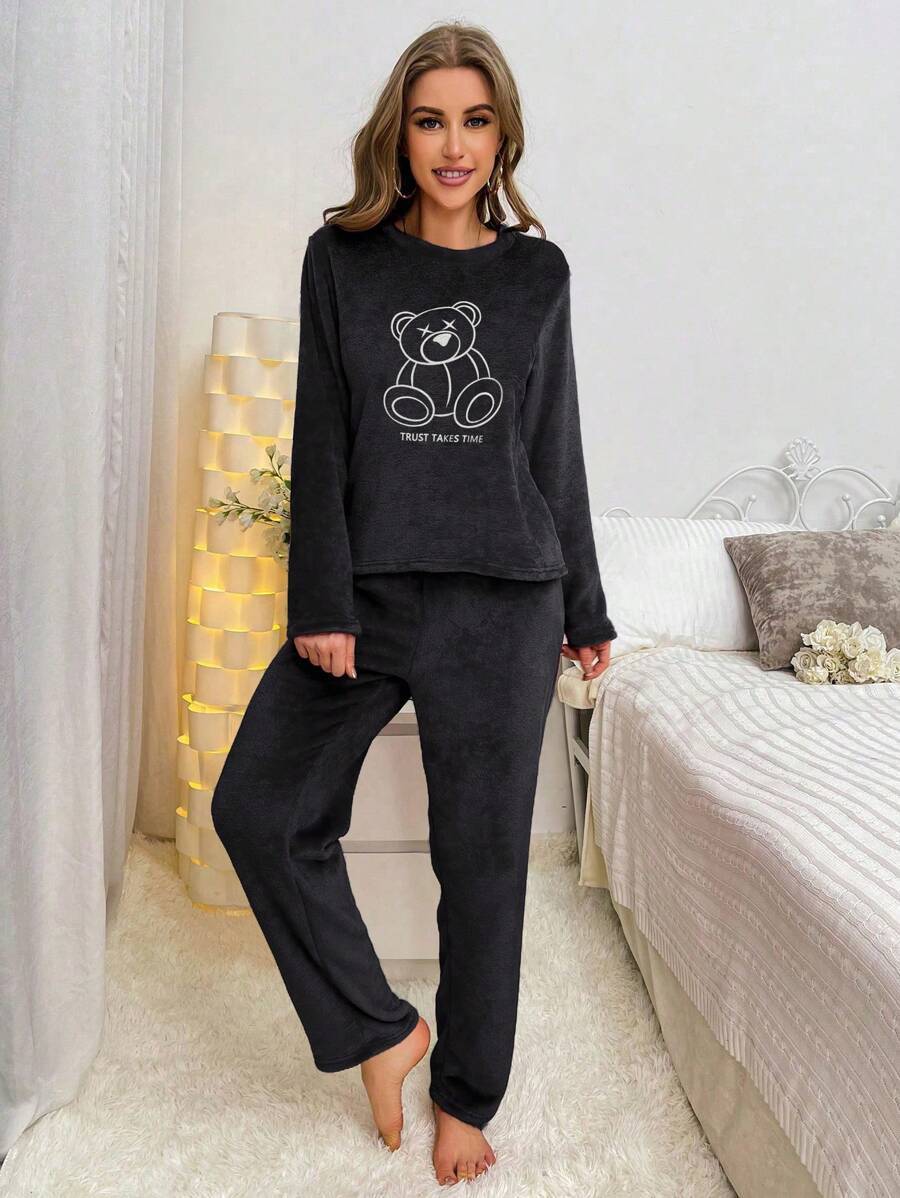 Bear Embroidered Flannel Long Sleeve Top And Pant Set-Original Pajamas