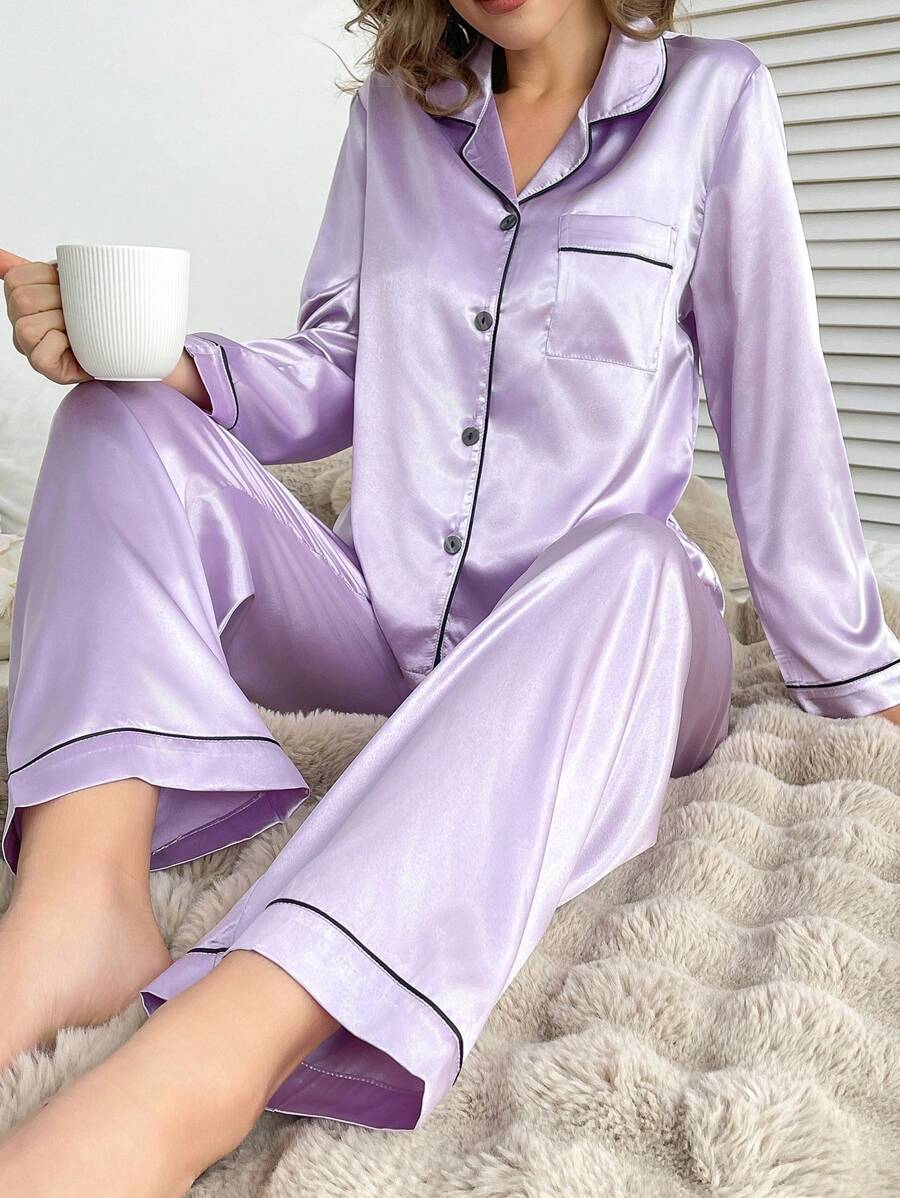 Solid Contrast Colored Satin Pajama Set-Original Pajamas