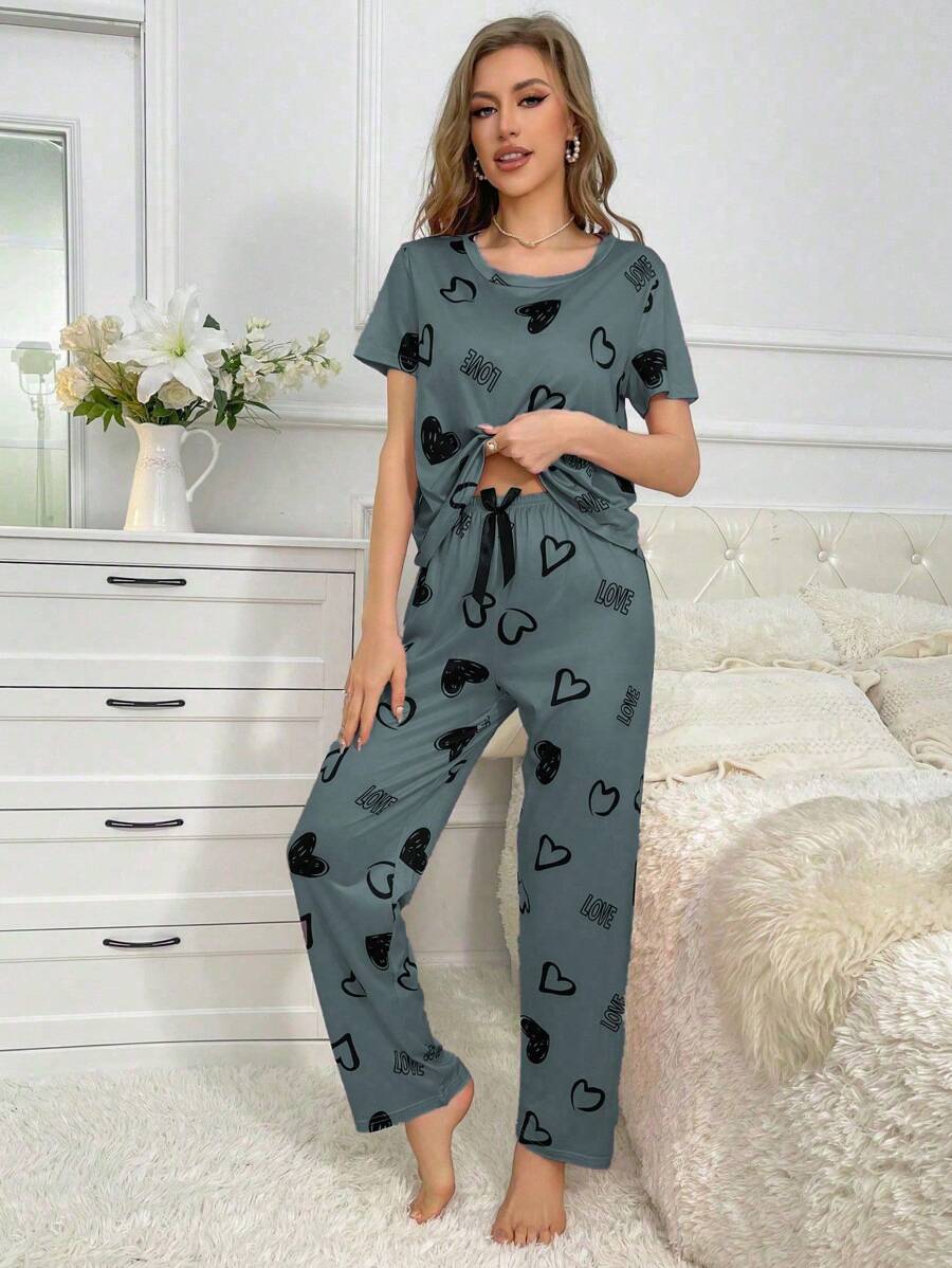 Cordate And Text Printed Pajama Set-Original Pajamas