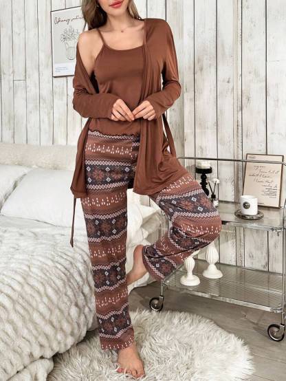 3 Piece Solid Colored Top And Pant Set-Original Pajamas