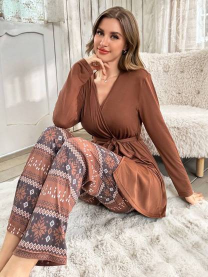 3 Piece Solid Colored Top And Pant Set-Original Pajamas