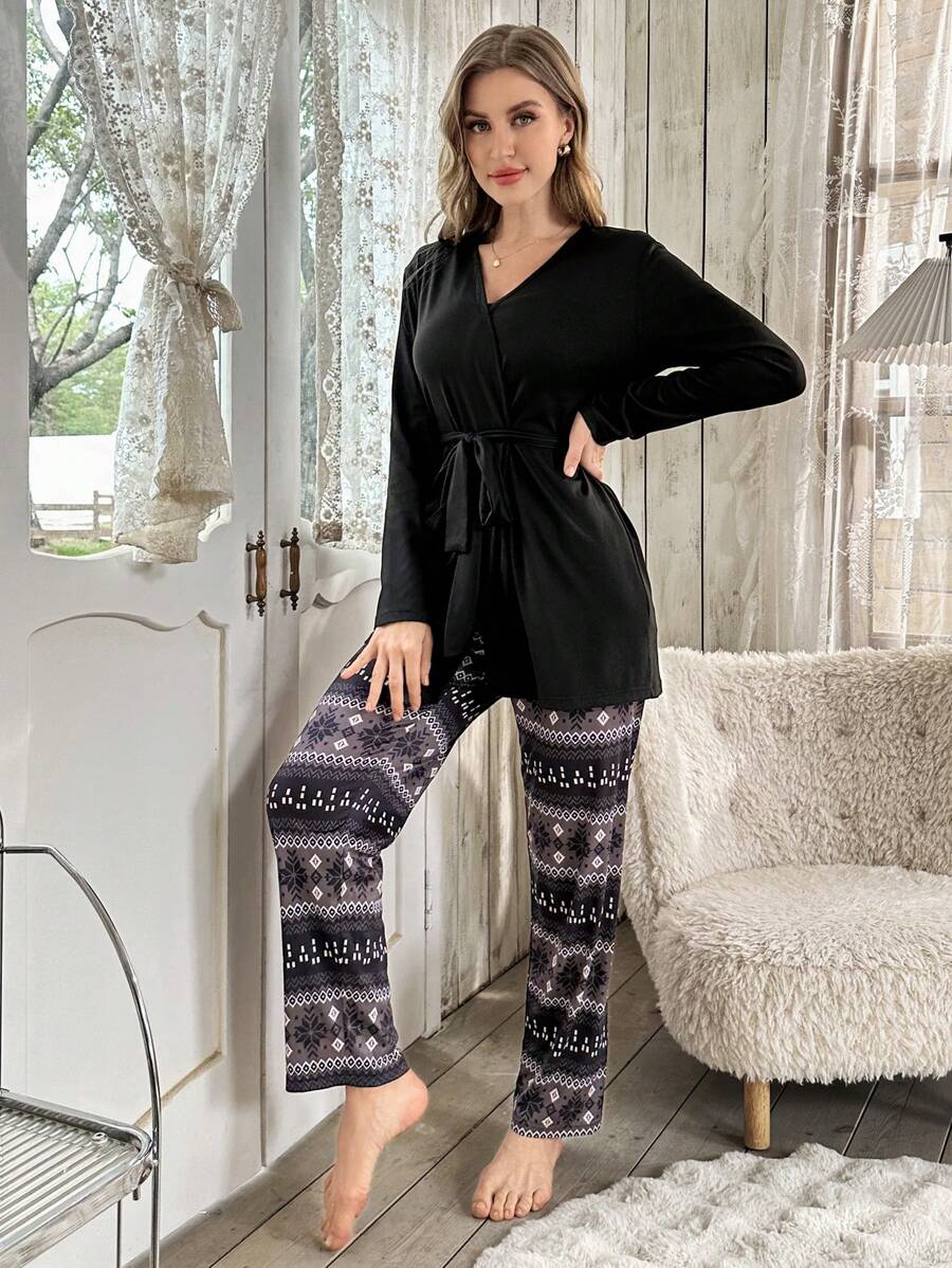 3 Piece Solid Colored Top And Pant Set-Original Pajamas