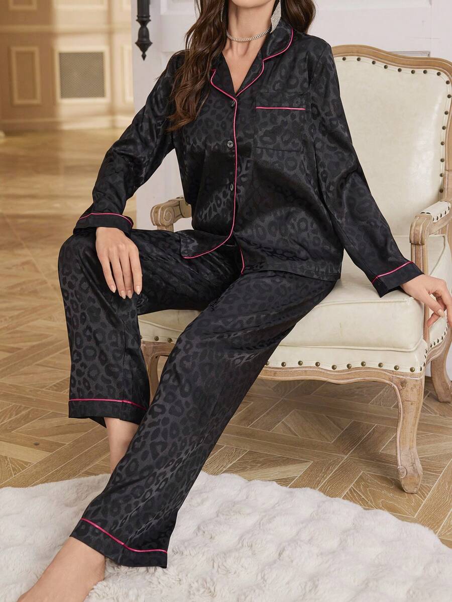 Contrast Patterned Satin Pajama Set-Original Pajamas