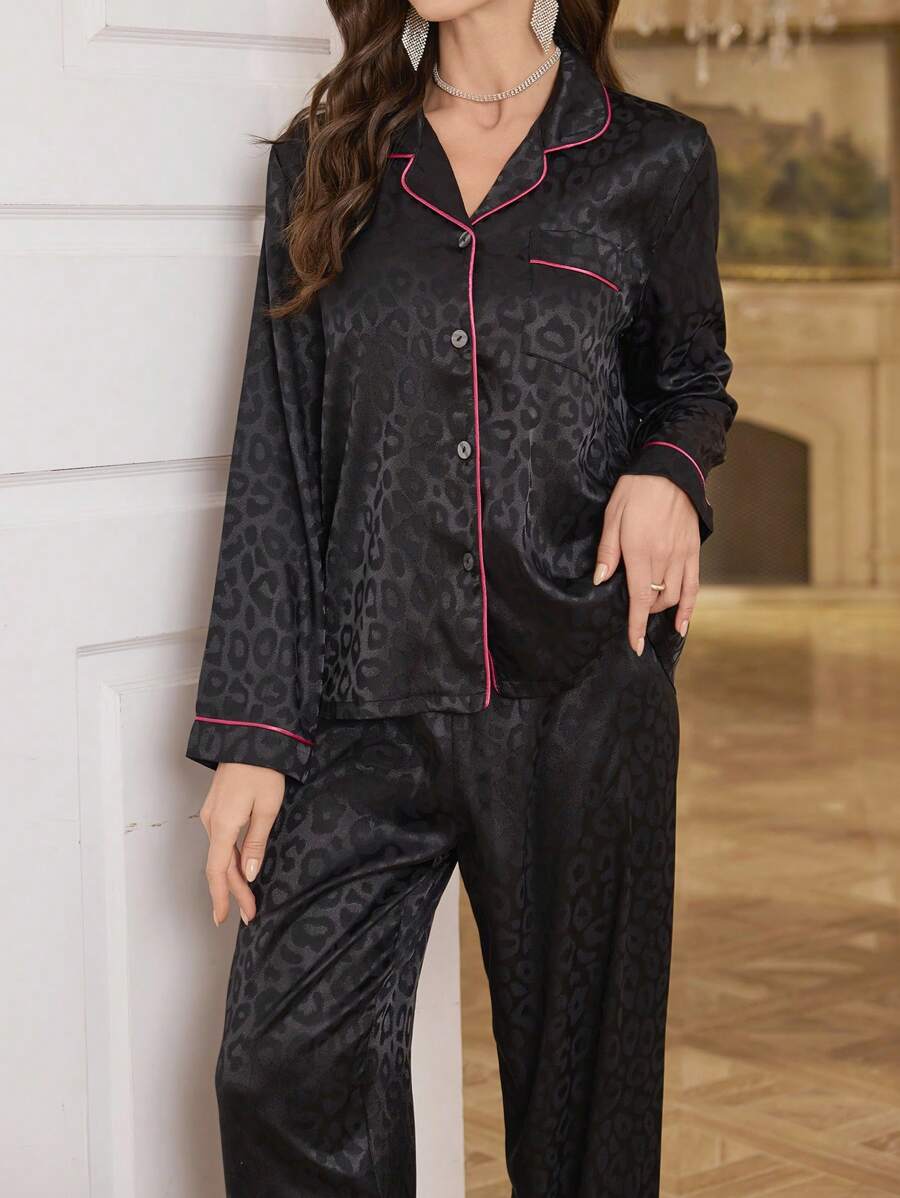 Contrast Patterned Satin Pajama Set-Original Pajamas
