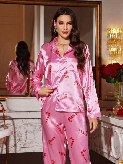 Christmas Candy Cane Printed Pajamas Set-Original Pajamas