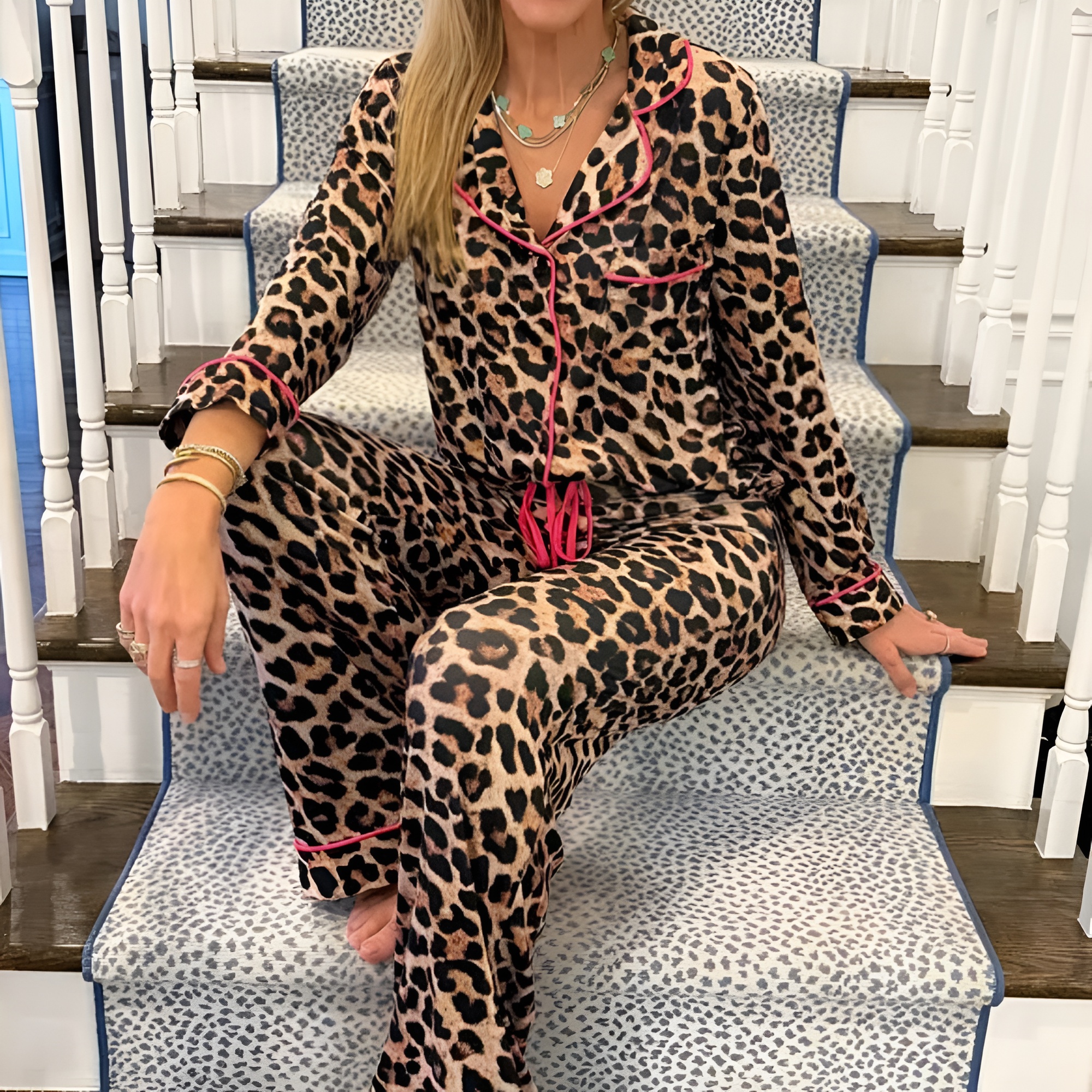 Leopard With Pink Trim Wide Leg Pants Pajama Set