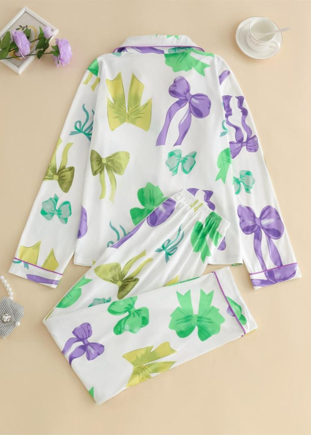 2 Piece Bow Patterned Long Sleeve Pajamas Set-Original Pajamas